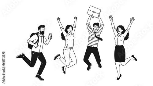 Bounding Towards Success: A dynamic illustration capturing a team's joyful leap into a future brimming with hope and achievement.