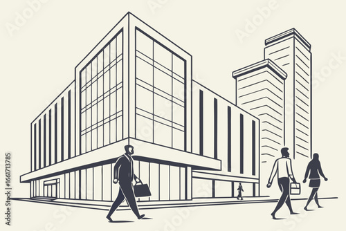 City streets bustle with the silhouettes of business people walking, a concept of urban success