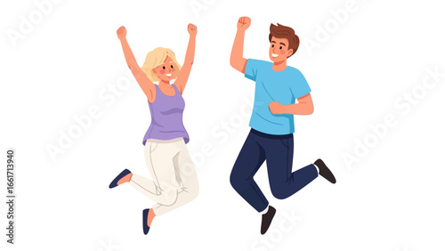 Exuberant Leap: Two figures leap into the air with unbridled enthusiasm, their bodies angled upward in a gesture of sheer glee. It's a visual celebration of happiness and accomplishment.