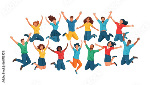 United in Joy: A vibrant ensemble of diverse individuals, united in a moment of collective happiness and freedom, leaps exuberantly into the air against an idyllic background. 