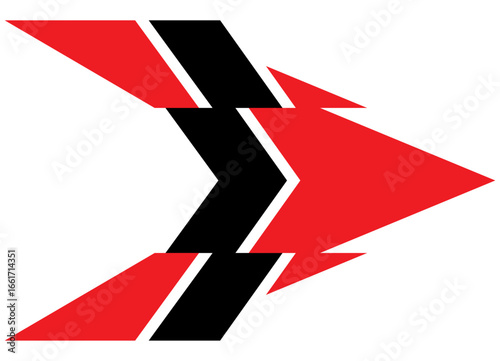 Thick Vector arrow, red and black on a white background. Racing design element for car body, boat, sportswear, toy. Pointer, direction. Sports pattern. Vector background. Flight, speed. Place for text