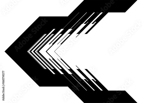 Thick Vector striped arrow, black on white background. Racing design element for car body, boat, sportswear, toy. Pointer, direction. Sports pattern. Vector background. Flight, speed. Place for text