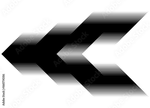 Vector striped arrow, black on white background. Racing design element for car body, boat, sportswear, toy. Pointer, direction. Sports vector background.