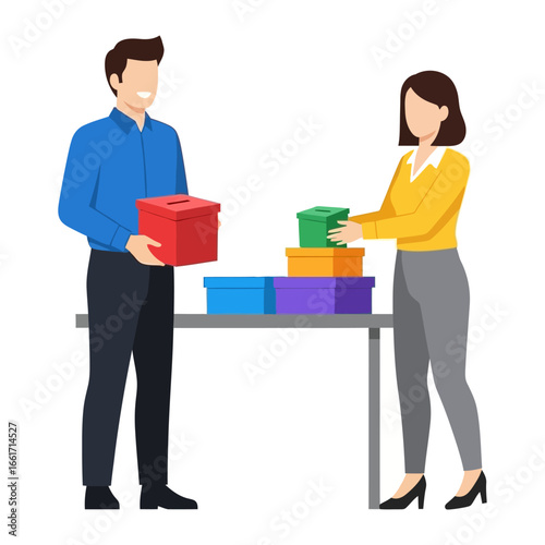 Teamwork and Distribution: A collaborative scene of individuals meticulously organizing and distributing assorted boxes. Emphasizing the core concepts of coordination, allocation.