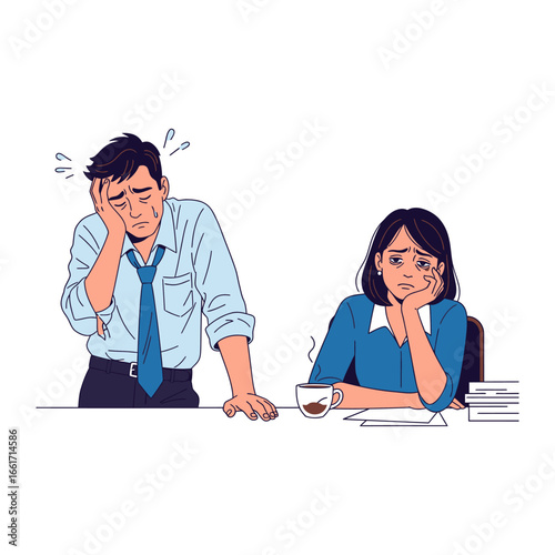 Workplace Weariness: A pair of office workers, drained and fatigued, slump over their desks, embodying the daily struggles of corporate life and illustrating the emotional toll of overwork