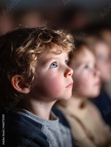 A captivated child gazes upward, mesmerized by a light, surrounded by other children in a dimly lit setting.