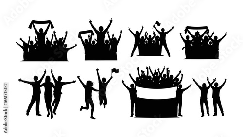 Celebration and Unity in Silhouette: A collection of energetic figures silhouetted against a dynamic, lively background, representing the joy and collective excitement of a crowd celebration.