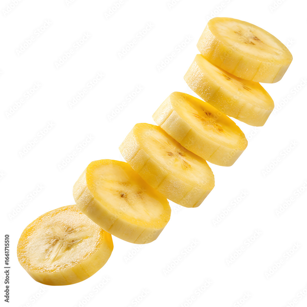 Dynamic composition of bananas sliced and floating diagonally, isolated on transparent background Dynamic composition of bananas sliced and floating diagonally, isolated on transparent background