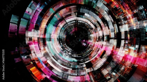 Futuristic digital tunnel with colorful radial motion blur effect on black background.