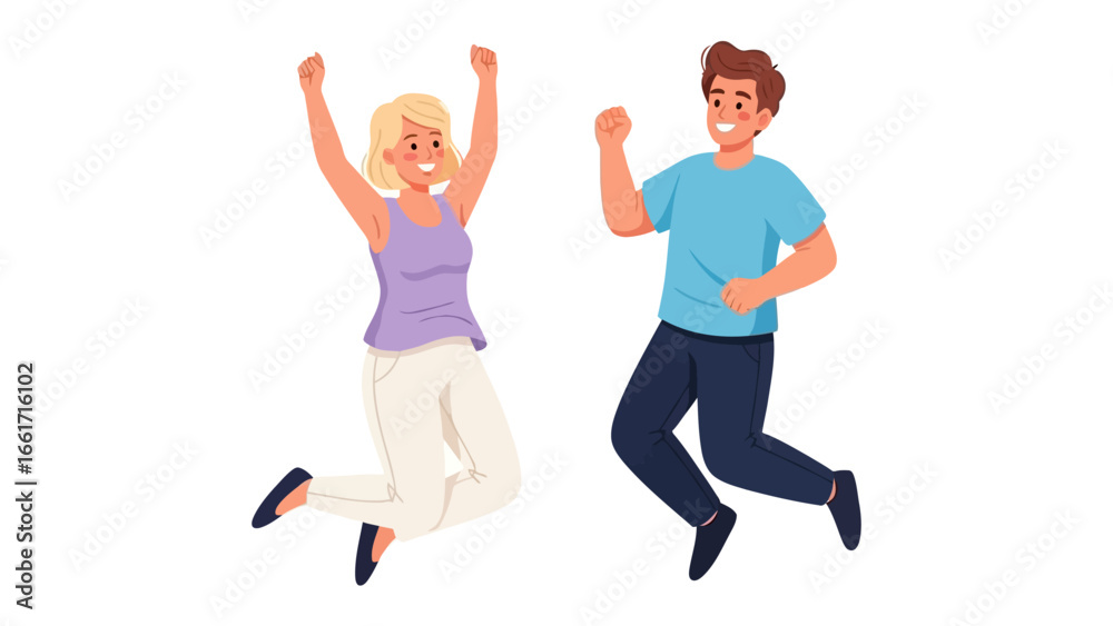 Φωτογραφία Joyful Leap: A vibrant illustration of a couple, captured in a moment of elation, celebrating in mid-air with arms raised