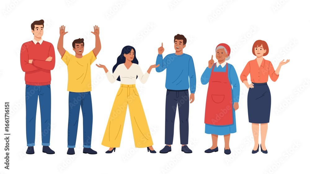 Αυτοκόλλητο Unity in Diversity: A vibrant illustration showcases a diverse group of individuals, each exuding their unique expression and poise, celebrating the beauty of togetherness
