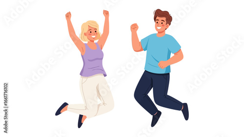 Joyful Leap: A vibrant illustration of a couple, captured in a moment of elation, celebrating in mid-air with arms raised. Showcasing the thrill of success and happiness.