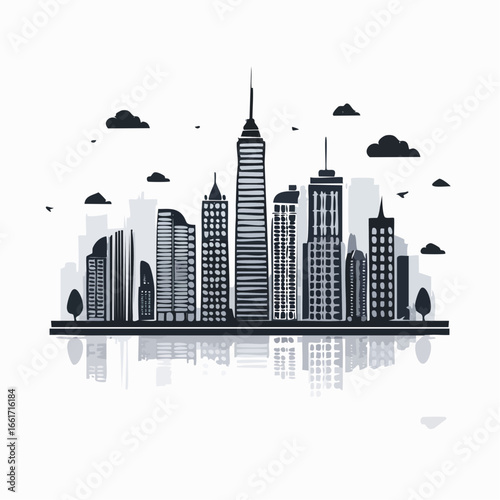 Modern City Skyline Silhouette Black and White Urban Vector Illustration