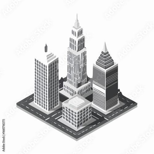 Isometric Cityscape Grayscale Skyscrapers, Geometric Design