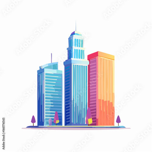Vector illustration of a modern city with futuristic skyscrapers in vibrant gradient colors. Minimalist urban architecture icon for business.