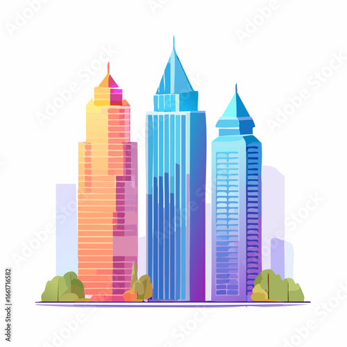 Vibrant gradient skyscrapers in a modern city illustration, showcasing futuristic architectural design and urban development with colorful abstract geometric forms.