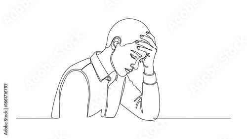 Solitary Silhouette of Thought: A monochrome illustration, highlighting a man's silhouette absorbed in contemplation or stress, his hand resting on his head.