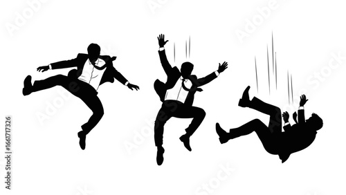 Dramatic Fall Sequence: A dynamic silhouette art piece capturing a sequence of a person in a suit mid-fall, showcasing a range of emotions, from shock to impending doom.