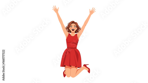 Joyful Leap: A vivacious figure in a crimson dress is captured mid-air in a joyful leap of celebration, exuding happiness and a carefree spirit.