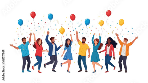 Celebration Illustration: Diverse individuals joyfully celebrate amidst colorful balloons and confetti. Expressing happiness.