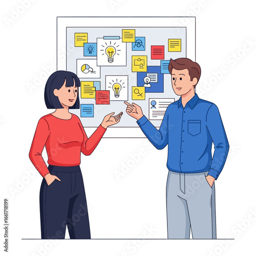 Strategic Collaboration: A dynamic illustration captures two colleagues engaged in a collaborative brainstorming session, using a vibrant planning board.