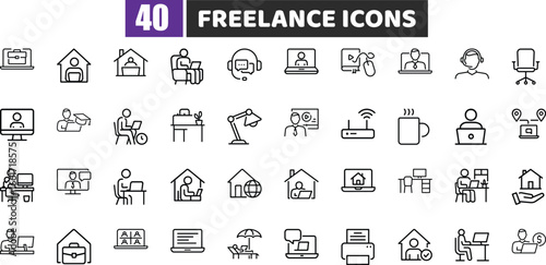 Freelance and Remote Work Line Icons Vector Set