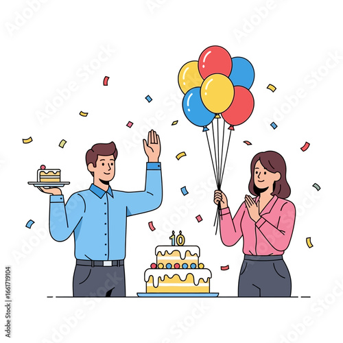 Festive Gathering: A cheerful couple celebrates a milestone, a moment of pure joy filled with cake, balloons, and colorful confetti.