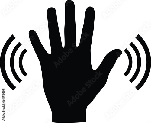 Silhouette of a raised hand with radiating waves, symbolizing motion detection or signal transmission.