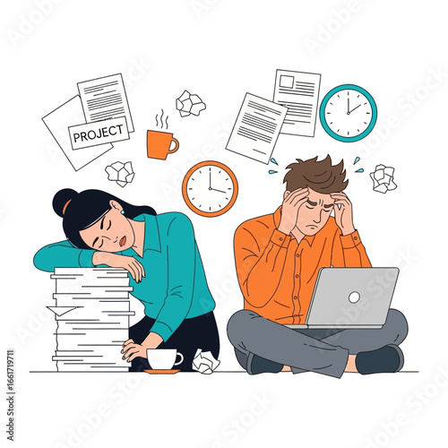 Stressful Deadlines: Depicting the exhausting world of modern work, a woman and a man are trapped in a state of burnout. With crumpled papers, a steaming coffee mug, and a ticking clock.