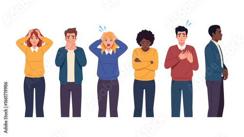 Unveiling Emotions: A diverse array of individuals embodies an emotional spectrum, each figure telling a unique story. From shock to reflection.