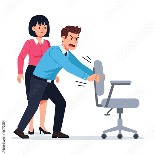 Office Conflict: A frustrated man is trying to get chair while woman look sadly, depicting the strains of professional discord.