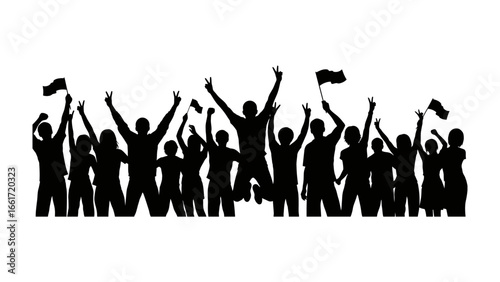 Silhouette of a Cheering Crowd: A dynamic silhouette of a crowd, representing the energy of human connection, each figure raised hands and waving flags, celebrating the moment.