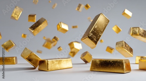 Gold ingots floating and resting on a light gray surface