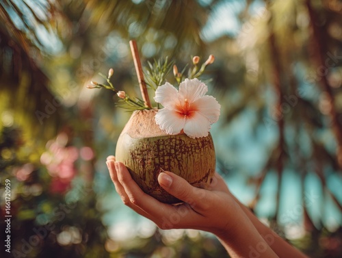 Hands holding a coconut drink with a straw and flower in a tropical setting.