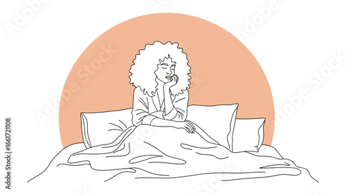  Contemplative Awakening: In a tranquil sketch, a woman sits on a bed beneath an orange sunset. The image captures moments of reflection and peace.