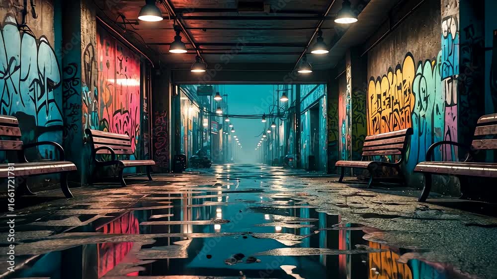 Empty urban alley with colorful graffiti art on walls and wet pavement reflections under moody artificial night lights
