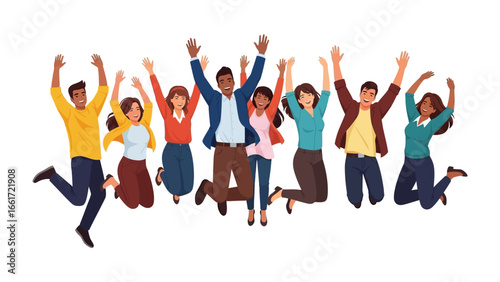 Joyful Ensemble: A vibrant illustration captures a diverse group of people jumping joyously together, symbolizing unity, celebration, and collective happiness, set against a plain background.