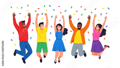 Joyful Celebration Illustration: A lively illustration portrays a diverse group, enthusiastically jumping with arms raised amidst a cascade of colorful confetti.