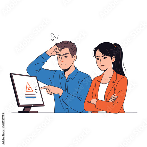Tech Frustration: A man and a woman, united in their exasperation, confront a tech glitch, the error message flashing on screen representing digital despair.