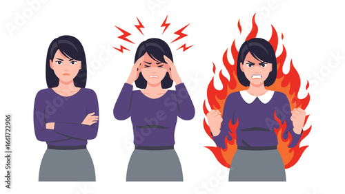 Woman's Anger Stages: Illustration showing three stages of a woman's anger: from annoyed to furious, symbolized by escalating visual cues.