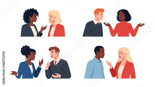 Communication and Dialogue: A series of illustrated people engage in animated conversations, offering a glimpse into the art of dialogue, encompassing a diverse range of interaction and expression.