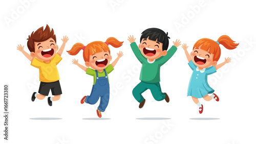Joyful Leap: A vibrant illustration captures a group of happy children in mid-air, arms raised in a synchronized expression of youthful energy.