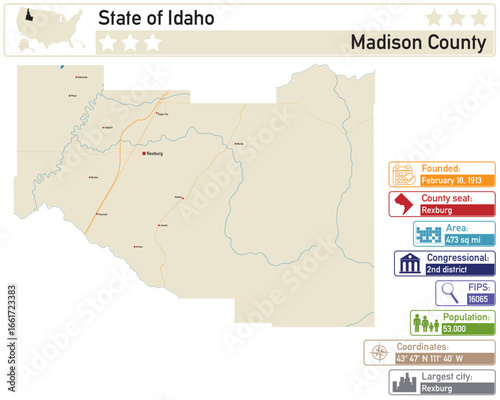 Detailed infographic and map of Madison County in Idaho USA.