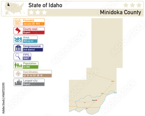 Detailed infographic and map of Minidoka County in Idaho USA.