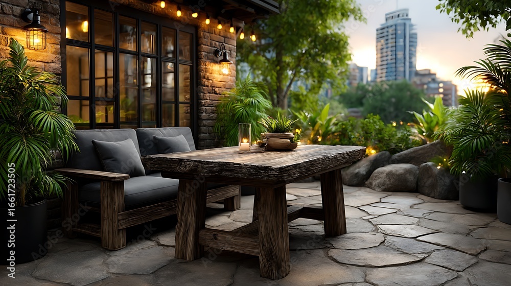 Fototapeta premium A realistic high-definition photo of a rooftop terrace with outdoor seating and string lights.