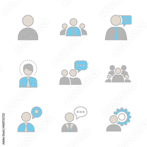 Collection of simple, light gray and light blue business icons, depicting people, groups, and interactions.