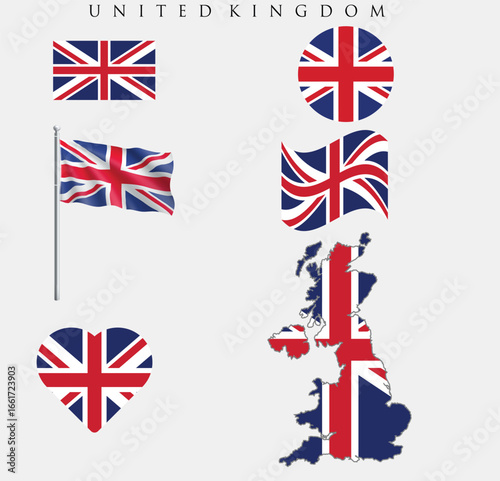 UK flag set of icons. Vector flag of UK, symbol. Set of UK flags button, waved, star,flagpole and rectangle, map of UK.	
