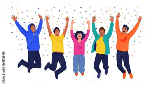 Celebrating Diversity: A vibrant group of people of different skin tones, dressed in colorful attire, joyfully leaps into the air under a confetti shower.