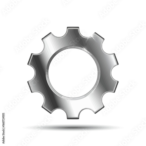 Shiny metallic silver gear icon on white background. 3D realistic cogwheel vector illustration for technology and industry concepts.