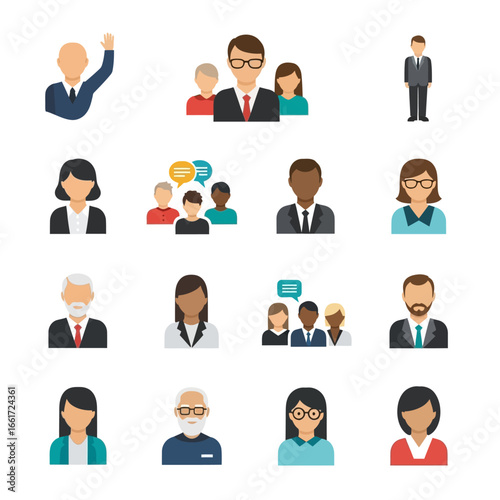 Collection of diverse, flat-style illustrations depicting various people and groups, including professionals.